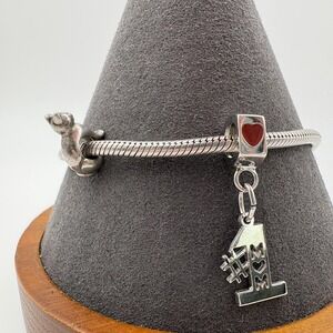 QG Sterling Silver 925 Charm Bracelet 7in #1 Mom Heart Cat Bead 17.30g Thailand